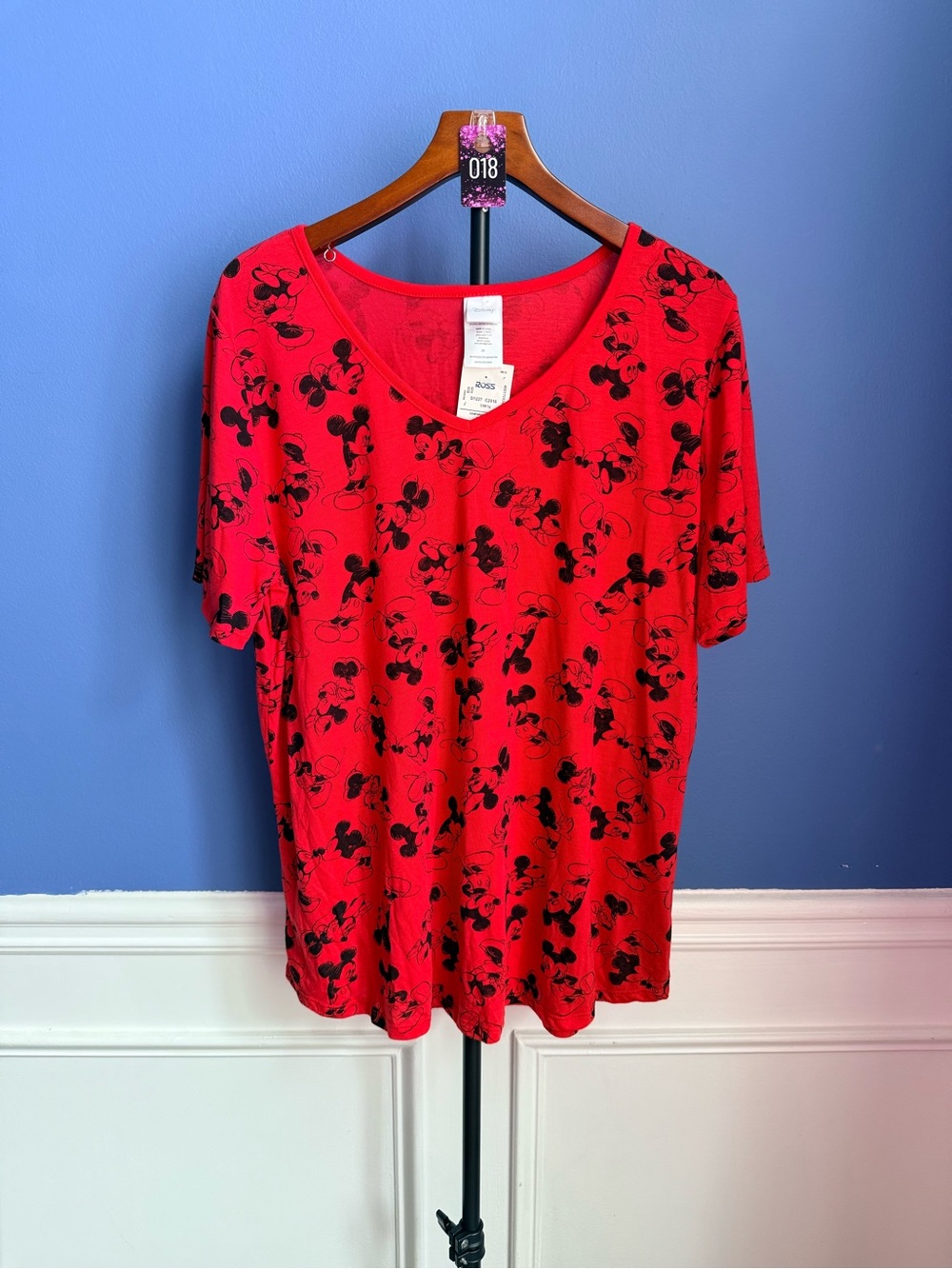 Disney Red V-Neck Short Sleeve Tee with Black Mickey Print